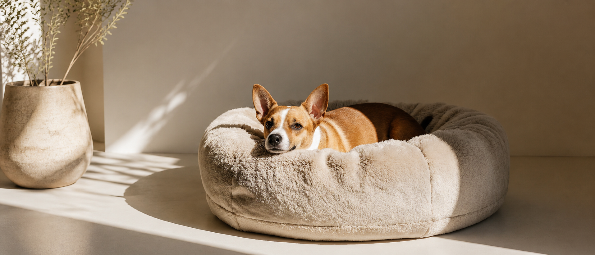 Dog resting comfortably in a soft dog bed